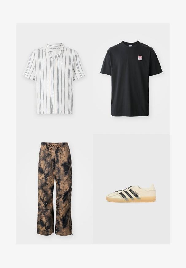 Koszula krótki rękaw, biała w niebieskie i pomarańczowe pionowe paski, kieszeń z lewej strony, z kołnierzykiem, wykonana z lekkiej tkaniny.; Czarna bawełniana koszulka z okrągłym dekoltem, krótkimi rękawami oraz małą kolorową metką na lewej piersi z napisem "SUPERIOR."; Brązowe i czarne spodnie typu tie-dye o szerokim kroju, z elastycznym pasem i sznurkiem. Posiadają przednie kieszenie oraz teksturowany materiał.; Jasna kremowa sneakersy z czarnym wzorem trzech pasków, teksturowana cholewka, okrągły nosek i gumowa podeszwa. Posiada sznurówki i logo po boku.