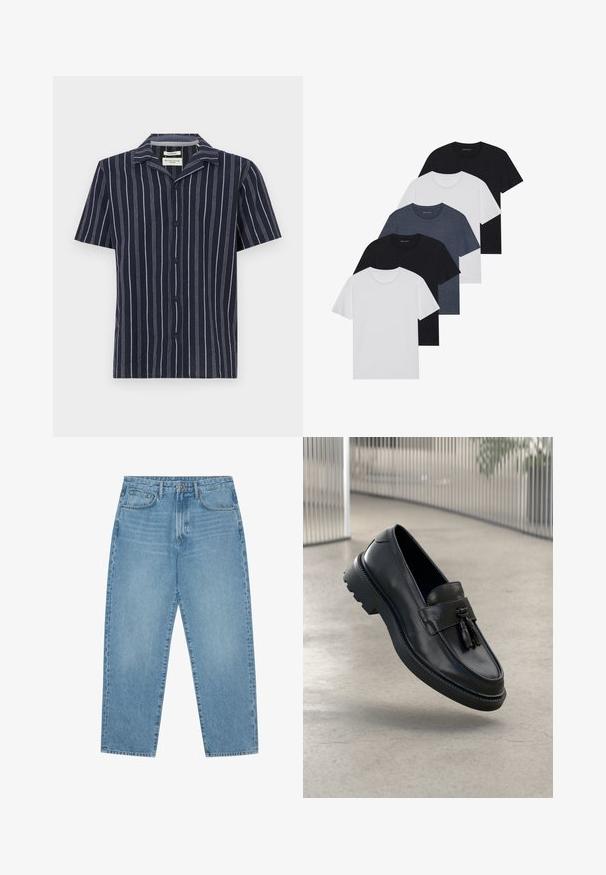 Camisa de manga curta azul-marinho com riscas brancas verticais, colarinho em bico e botões pretos na parte da frente. Feita de tecido leve.; Conjunto de cinco t-shirts em preto, branco e azul marinho. Tecido de algodão, mangas curtas, design de gola redonda e textura lisa sem padrões.; Calças de ganga azul-claro com corte de perna reta, design de cinco bolsos e textura ligeiramente desbotada. Apresentam fecho de botão e zipper.; Mocassins de couro preto com acabamento liso, tassel decorativo, sola grossa de borracha e detalhes costurados. Design leve e elegante.