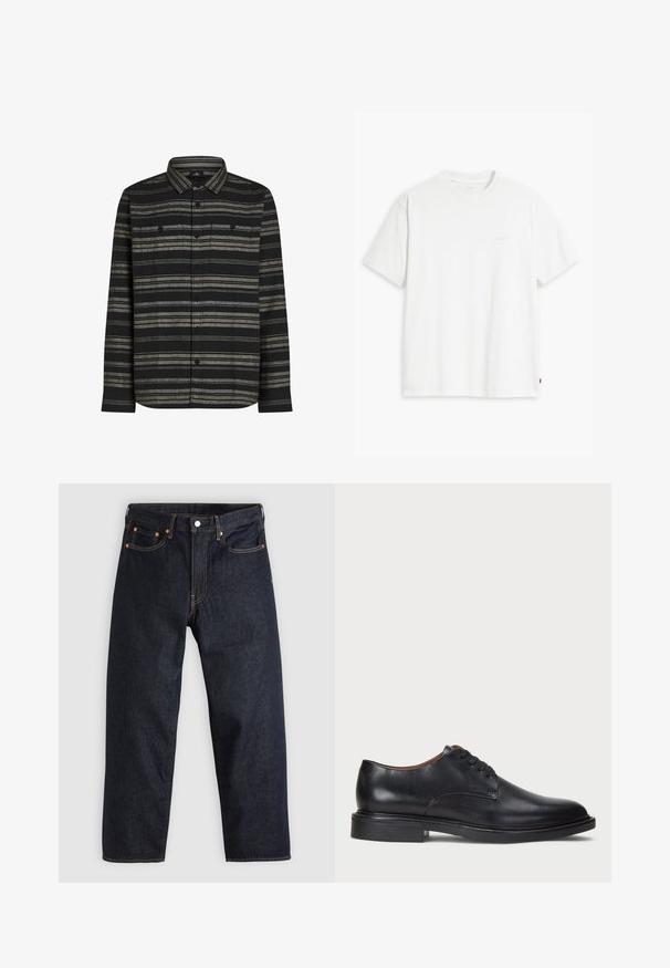 Black long-sleeve shirt with horizontal gray stripes, button-up front, and two chest pockets. Made from a soft fabric with a textured finish.; White cotton t-shirt with short sleeves, round neckline, and a subtle "Levi's" logo printed in light color on the front.; Dark blue denim jeans with a straight cut, five pockets, contrasting orange stitching, and a button fly. No visible patterns or embellishments.; Black leather dress shoe with a round toe, lace-up design, and a low stacked heel. Smooth texture with minimal stitching details.