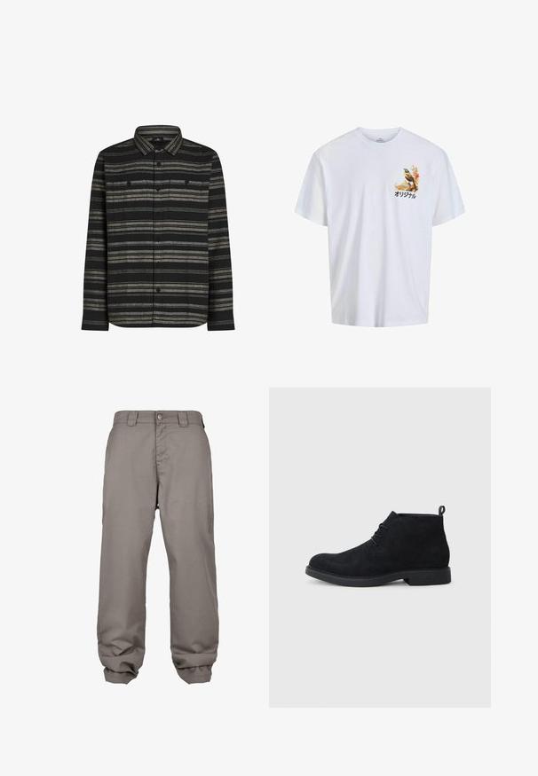 Melnā garām piedurknēm krekls ar horizontālām pelēkām svītrām, pogām priekšpusē un divām krūšu kabatām. Izgatavots no mīkstas auduma ar teksturētu apdari.; Balts kokvilnas T-krekls ar krāsainu putnu un rudens lapu grafiku kreisajā krūšu daļā ar japāņu tekstu. Standarta piegriezums.; Gai pelēki, brīvi pieguloši bikses ar taisnu priekšu, pogu aizdari, sānu kabatām un nedaudz savelkiem galiem, radot vaļīgu siluetu.; Melnas zamša potītes ar noapaļotu purngalu, ar auklām veidotu dizainu un teksturētu gumijas zoli. Aizmugurē ir neliels vilkšanas cilpiņas palīglīdzeklis.