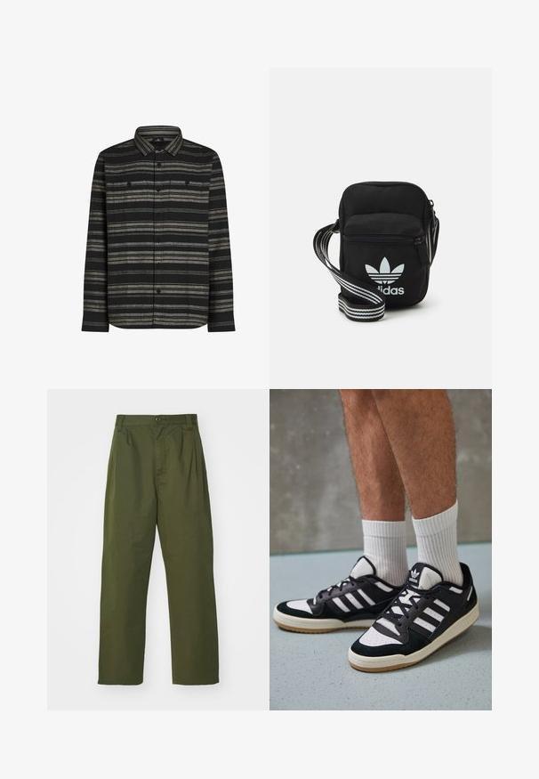 Sort langærmet skjorte med vandrette grå striber, knaplukning foran og to brystlommer. Lavet af et blødt stof med en tekstureret overflade.; Olivengrønne, høj talje bukser med lige ben design. Fremstillet af et letvægtsmateriale, med frontplisser og knaplukning.; Sorte og hvide sneakers med en overdel i ruskind og læder, der har tre hvide striber, en perforeret tå og en sål i gummigummi.; Sort stof crossbody tas med lynlås, der har et hvidt Adidas-logo og en stribet justerbar rem for nem bæring.