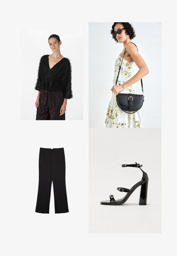 Czarna bluzka z krótkim rękawem o teksturowanej powierzchni z głębokim dekoltem w kształcie V i frędzlami. Noszona na ciemnobrązowych spodni z wysokim stanem i paskiem do wiązania.; Czarne spodnie o prostym kroju, z przednimi kieszeniami i bocznymi rozcięciami na dole. Wykonane z miękkiego, gładkiego materiału. Odpowiednie na różne okazje.; Czarne lakierowane sandały na obcasie z kwadratowym noskiem, z paskami wokół kostki i srebrnymi klamrami. Posiadają masywny słupek dla stabilności.; Czarna skórzana torebka o zakrzywionym kształcie, z odpinanym paskiem i złotymi akcentami. Torebka posiada klapę z zapięciem w kształcie klamry.