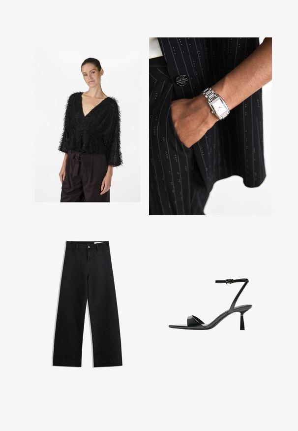 Fekete textúrájú, rövid ujjú blúz mély V kivágással és bojt részletekkel. Sötétbarna, magas derekú nadrágokkal viselve, amelyekhez szatén öv tartozik.; Fekete, bő szabású farmernadrág magas derékkal, elülső és hátsó zsebekkel, varrott felületekkel és gombos záródással. Sima textúra.; Bershka Magas sarkú szandálok - black; Ezüst színű, téglalap alakú óra elegáns számlappal és gyémántszerű díszítésekkel, láncos fém karkötőn. Fekete csíkos öltönnyel viselve.