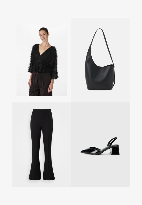 Black textured short-sleeve blouse with a deep V-neck and fringe detailing. Worn over dark brown high-waisted trousers with a tie belt.; Black flared pants made from stretchy fabric, featuring a smooth texture, high waist, and seam detailing along the front.; Black patent leather slingback heels with a pointed toe and a geometric block heel. Features a sleek, minimal design and smooth texture.; Black leather hobo bag with a smooth texture, curved shape, and single adjustable strap; features a wide opening at the top.