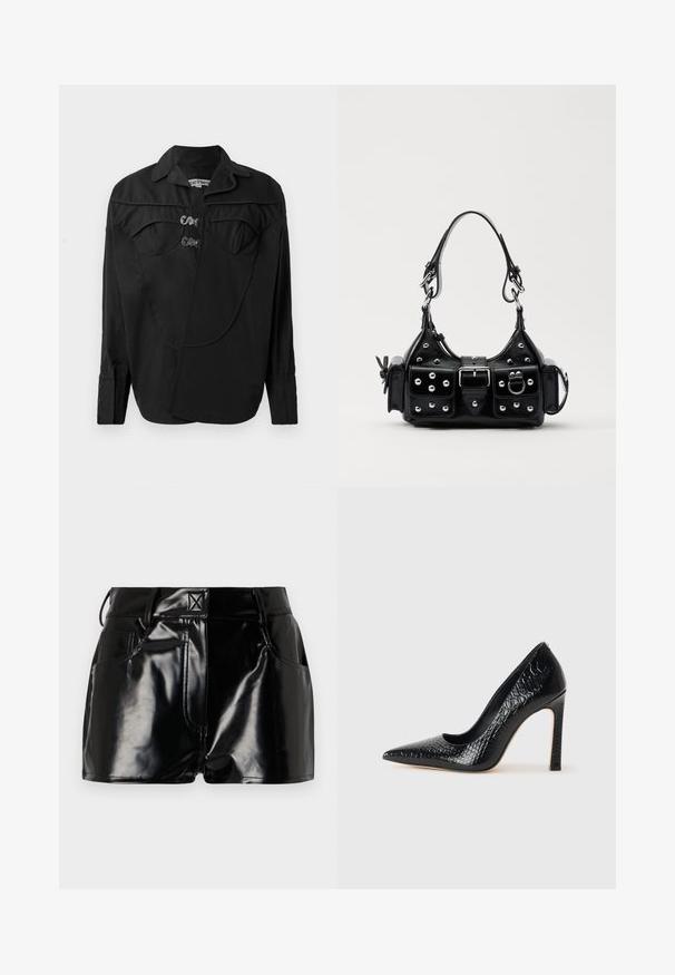 Camisa preta de botão com parte frontal estruturada, apresentando detalhes sobrepostos, dois bolsos no peito e colarinho. Feita de um tecido suave com acabamento mate.; Calções pretos e brilhantes feitos de material sintético. Apresentam uma cintura justa, passantes para cinto e bolsos frontais com detalhes de costura proeminentes.; Sapato de salto alto de bico fino preto com textura de pele de crocodilo, apresentando um design elegante, salto agulha alto e interior preto suave.; Bolsa de couro preta com um design curvado, apresentando tachas prateadas, uma fivela e dois bolsos laterais. Alça ajustável para opções de transporte.