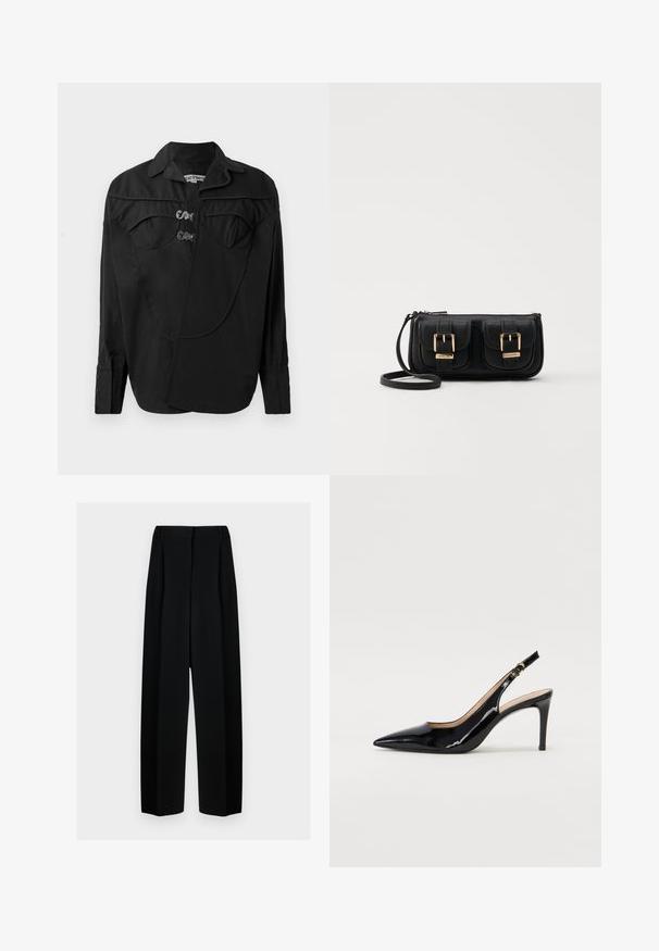 Juodas marškinėliai su mygtukais priekyje, išsiskiriantys struktūruota priekiu, papildomais akcentais, dviem krūtinės kišenėmis ir apykakle. Pagaminti iš lygios medžiagos su matinio paviršiaus apdaila.; Juodos plačios kelnės su aukštu liemeniu, su klostėmis ir glotnia tekstūra. Medžiaga atrodo lengva ir dailiai krenta.; Juodas lakinės odos slingback batelis su smailiu nosiu, plonu kulnu ir subtiliu išpjovos dizainu. Yra auksinė sagtis ant dirželio.; Juodas odinis per petį nešiojamas krepšys su dviem priekiniais kišenėmis, auksiniais sagtimis, užtrauktuko uždarymu ir siauromis petnešomis. Textūruota paviršius ir kompaktiškas stačiakampis formatas.