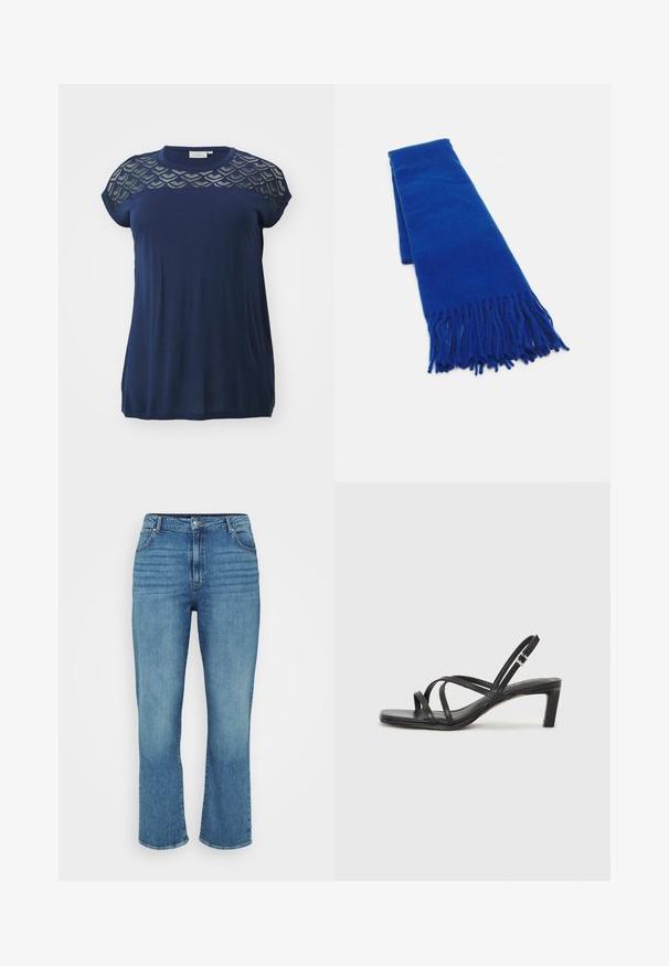 ONLY Carmakoma CARFLAKE LIFE S/S MIX JRS - Pamata T-krekls - naval academy; Gai zilu džinsi ar taisnu kāju dizainu, ar piecām kabatām, jostu cilpām un maziem izbalējumiem priekšā.; Melnas strappy sandales ar kvadrātveida purngaliem un zemu bloku papēdi. Ievērojamas ar vairākiem plāniem siksniņām un regulējamu potītes siksniņu. Izgatavotas no gludas ādas.; Zilās austās šalles ar bārkstīm, gluda tekstūra, taisnstūra forma un vienveidīga krāsa visā platībā. Piemērota aukstam laikam.; Sudraba riņķa auskari ar gludu, apaļu dizainu un pulētu apdari. Tie ir plāni un viegli, ar vienkāršu aizdari.