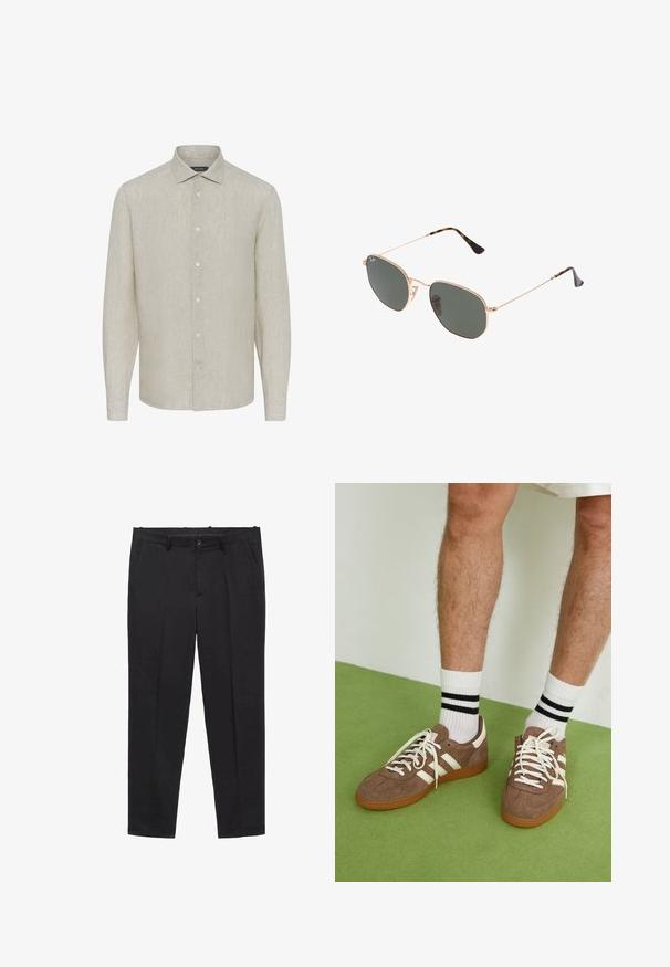Cămașă lungă, bej deschis, din in, cu o textură simplă, guler ascuțit și șase nasturi în față, având manșete cu nasturi.; Pantaloni negri croituri, dintr-un material neted, având un față plată, bucle pentru curea și buzunare laterale. Design cu picior drept.; Adidași maro din suede cu accente și șireturi albe. Talpă din cauciuc de culoare caramel. Purtați cu șosete albe cu dungi negre. Pardoseală verde texturată.; Ochelari de soare cu ramă din metal auriu și lentile de culoare verde închis, stil aviator, cu brațe subțiri și accente din fâscă pe vârfuri.