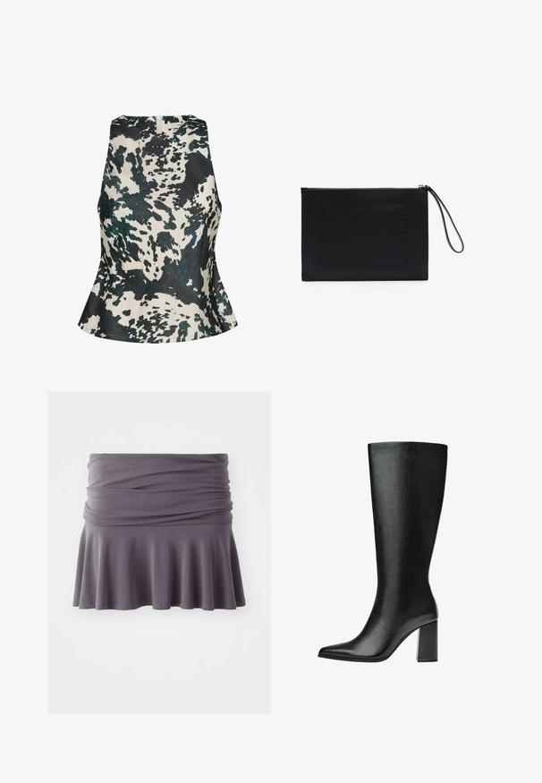 Gestuz CERI - Blúz - green ox; Szürke, térd alatt végződő szoknya, puha anyagból, ráncolt derékkal és bővülő szegéllyel. Simaság jellemzi és egyszerű dizájnja van.; Fekete, térd fölé érő csizma műbőrből, hegyes orral, sima felülettel és tömör, blokk sarkú kialakítással. Minimalista dizájn, látható díszítések nélkül.; Fekete, texturált szövetből készült kézitáska, téglalap alakú, cipzáras záródással és csuklópánttal. Elülső zsebet is tartalmaz.