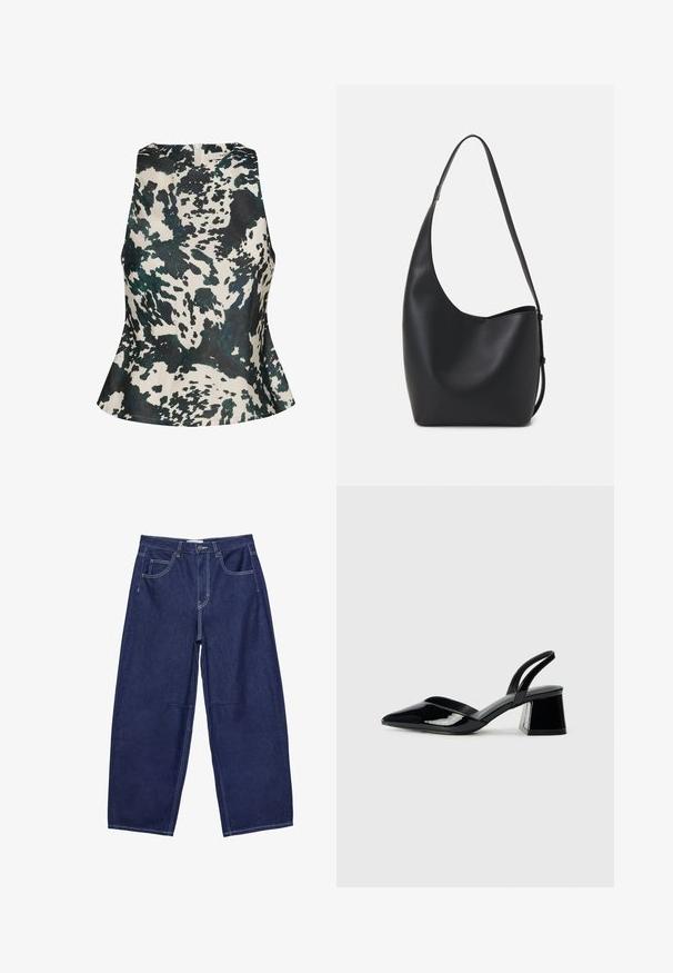 Gestuz CERI - Bluza - green ox; Tamno plava traperica širokog kroja s visokim strukom, pet džepova i kontrastnim bijelim šavovima. Glatka tekstura, klasičan dizajn.; Crne lakirane kožne sandale s otvorenom petom i špicastim vrhom, s geometrijskom blok petom. Imaju elegantan, minimalistički dizajn i glatku teksturu.; Crna kožna hobo torba s glatkom teksturom, zakrivljenim oblikom i jednom podesivom trakicom; ima širok otvor na vrhu.