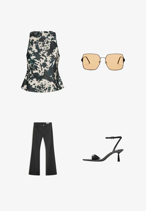 Gestuz - Bluzka; Czarne dżinsy w fasonie z dzwonami, wykonane z denimu o gładkiej teksturze, z dwiema tylnymi kieszeniami i zapięciem na guzik w talii.; Bershka - Sandały na obcasie; Kwadratowe okulary przeciwsłoneczne z brązowymi soczewkami i cienką, czarną metalową oprawą. Posiadają skośne zauszniki i regulowane noski dla większego komfortu.; Brązowa skórzana torba tote o gładkiej fakturze, z otwartym wierzchem i dwoma ramiączkami. Charakteryzuje się minimalnym przeszyciem i brakiem widocznych elementów metalowych.