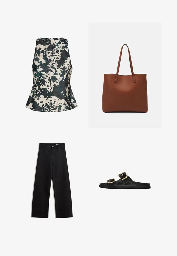 Gestuz CERI - Blúzka - green ox; Čierne denimové nohavice s širokými nohavicami a vysokým pásom, so prednými a zadnými vreckami, šitými švami a zapínaním na gombík. Hladká textúra.; Čierne šľapky s dvoma zlatými prackami, hladký textúrovaný materiál, plochá podrážka a minimalistický dizajn.; Hnedá kožená taška na rameno s hladkou textúrou, otvoreným vrchom a dvoma ramenými popruhmi. Má minimálne šitia a žiadne viditeľné kovania.