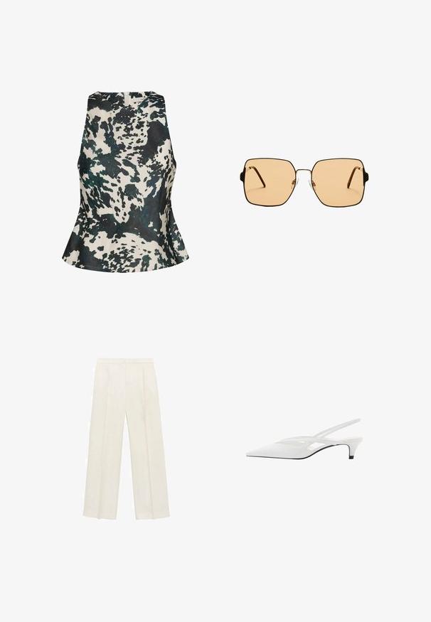 Gestuz - Bluzka; Spodnie o szerokich nogawkach w jasnym kolorze kremowym. Wykonane z gładkiego materiału, z plisami z przodu i bocznymi kieszeniami.; Biała szpilka na odkrytej pięcie z ostrym noskiem, charakteryzująca się gładką cholewką, subtelnymi wycięciami i niskim obcasem w kształcie bloku. Czarna podeszwa podkreśla design.; Kwadratowe okulary przeciwsłoneczne z brązowymi soczewkami i cienką, czarną metalową oprawą. Posiadają skośne zauszniki i regulowane noski dla większego komfortu.; Beżowa torebka wykonana z miękkiego materiału, charakteryzująca się luźnym fasonem, wyszywanymi detalami i dwoma uchwytami na ramię. Idealna na co dzień.