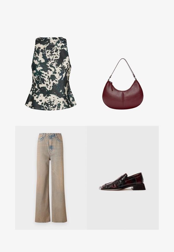 Gestuz CERI - Blúz - green ox; Fényes mosású, magas derekú, bő szárú farmernadrág. Finom varrásokkal és öt zsebbel rendelkezik, enyhén elhalványult textúrával.; Sötét bordó lakkbőr loafer, texturált felülettel, alacsony tömbsarkú, klasszikus pénztárca részlettel, oldalnézetből.; Burgundi bőr kézitáska ívelt formával. Egyetlen vállpánttal és felső cipzárral rendelkezik, sima, textúrás felülettel.