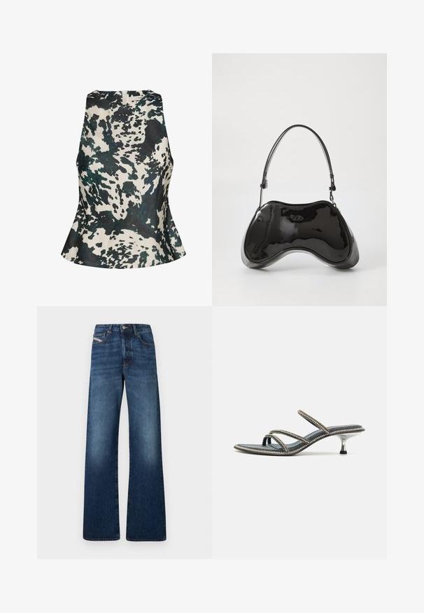 Gestuz CERI - Pluus - green ox; Lainelised teksapüksid tumedas sinises denimis, millel on kõrge vöökoht, viis taskut ja kontrastõmblused õmblustel.; Denim sandaalid kolme õhukese rihmaga, mis on kaunistatud kristallidega, terav nina ja metalne, stilettokujuline konts. Libisemisvastane põhi.; Must musta nahk käekott ainulaadse kumerate vormide, lühikese reguleeritava käepideme ja lukuga ülemise osaga. Sujuv tekstuur koos peene brändingu detailiga.