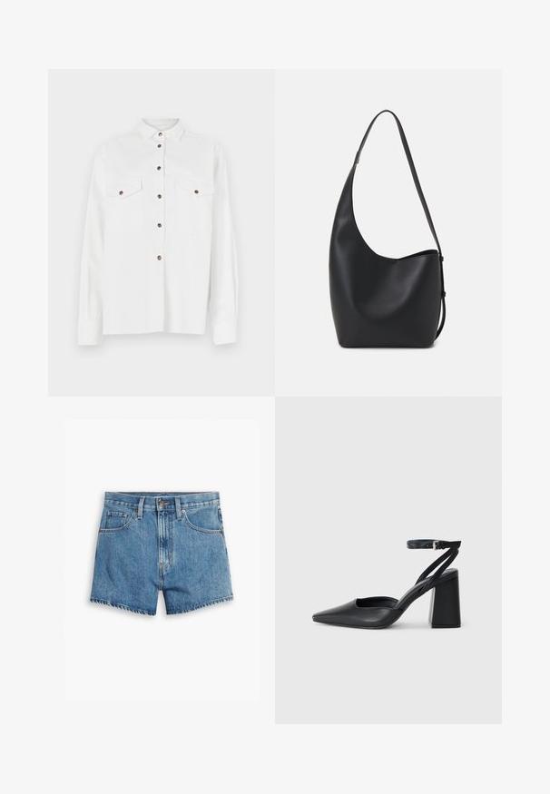 Bílá košile s dlouhými rukávy a límcem na knoflíky, se dvěma náprsními kapsami a hnědými knoflíky, s hladkou texturou a volným střihem.; Džínové šortky v světle modré barvě, s pěti kapsami, zipovým zapínáním a knoflíkovým uzávěrem. Lem je roztrhaný s uvolněným střihem.; Černé kožené lodičky se špičatou špičkou, kotníkovým páskem a silným podpatkem. Hladká textura, elegantní design a minimalistická estetika.; Černá kožená hobo taška s hladkým povrchem, zakřiveným tvarem a jedním nastavitelným popruhem; má široké otevírání nahoře.