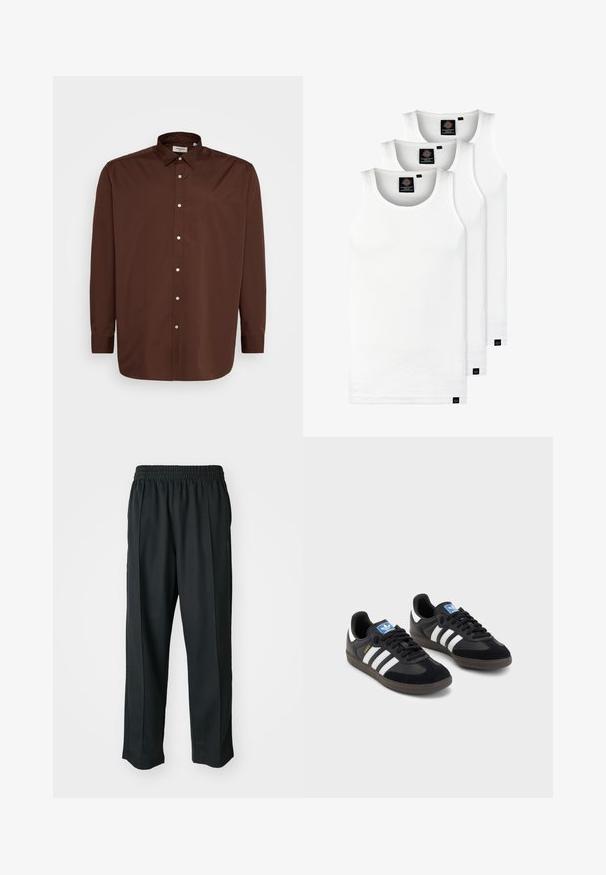 Brūns pogām caurspīdīgs krekls ar izplatītu apkakli, garām piedurknēm un gludu auduma tekstūru. Priekšpusē ir baltas pogas.; Trīs baltas ribotas krūšturi, kas izgatavoti no kokvilnas. Iezīmēti ar apaļu kakla izgriezumu un maziem melniem etiķetēm tuvu apakšmalai. Pieejami vairākos izmēros.; Melni sporta bikses ar elastīgu jostu, izgatavotas no gludas auduma, ar smalku sānu šuvēm un brīvu piegriezumu, taisnas kājas dizains.; Melnas sporta apavas ar zamšādas un sintētisku augšdaļu, ar trim baltām svītrām, teksturētu gumijas zoli un zilu logo birku uz mēles.