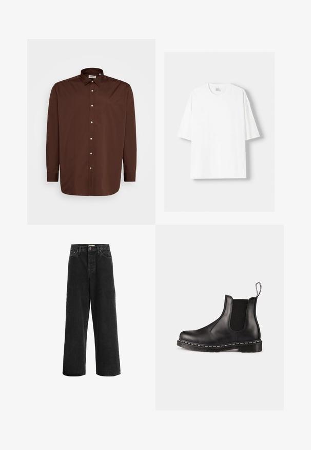 Cămașă călduță, cu guler larg, mâneci lungi și o textură fină a țesăturii. Prezintă nasturi albi pe toată lungimea frontală.; Tricou alb cu mânecă scurtă, confecționat din bumbac, cu un decolteu rotund și o croială lejeră. Textură netedă, fără modele sau accente vizibile.; Jeans negri cu picior larg fabricate din material denim. Prezintă o talie înaltă, două buzunare frontale, închidere cu buton și detalii de cusătură subtile.; Botine Chelsea negre din piele cu panouri elastice pe laterale, vârf rotunjit, dop de prindere, cusături albe pe talpă și talpă din cauciuc texturat.