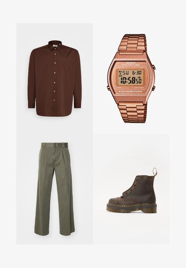 Smeđi košulja na dugmad s raširenim ovratnikom, dugim rukavima i glatkom teksturom tkanine. Ima bijele gumbe duž prednje strane.; Maslinasto zelene hlače sa širokim, ležernim krojem i prednjim nabranim detaljima. Izrađene od teksturiranog materijala s klasičnim pojasom i bez vidljivih metalnih dijelova.; Smeđe kožne čizme do gležnja s okruglim vrhom, kontrastnim žutim šavovima, dekorativnim metalnim rupicama i zupčastom gumom.; Digitalni Casio sat s metalnom narukvicom u ružičastom zlatu, pravokutnim kućištem, osvijetljenim zaslonom i vodootpornošću, prikazuje vrijeme i datum.