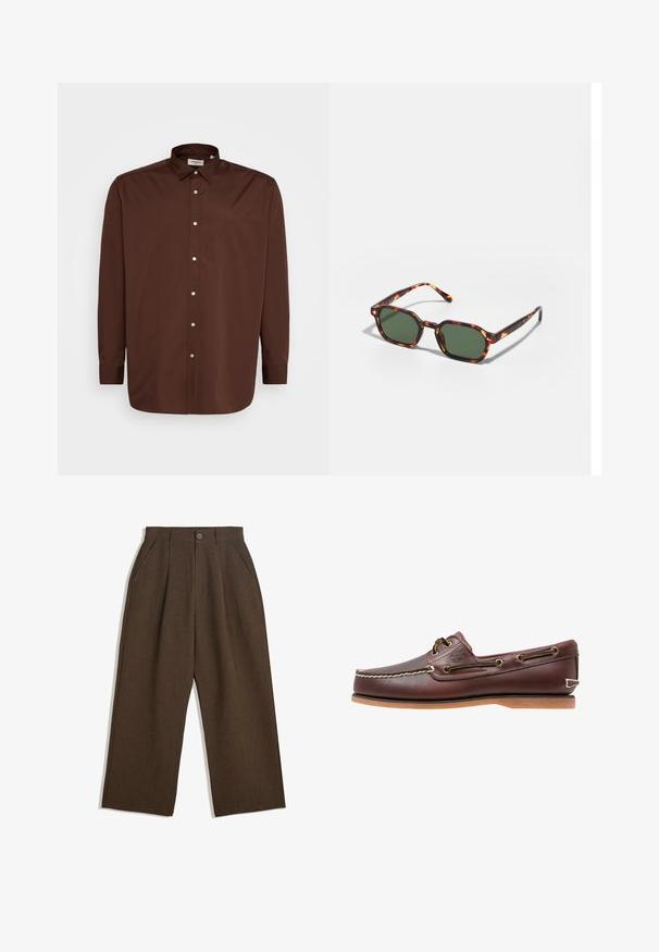 Barna gombos ing, elterülő gallérral, hosszú ujjú és sima anyagú textúrával. Elöl fehér gombokkal díszítve.; Barna, redőzött nadrág, széles lábakkal, gombos záródással és oldalsó zsebekkel, struktúrált anyagból, amely alkalmas hétköznapi viseletre.; Barna bőr csónakcipő fehér varrással, barna fűzőkkel és világosbarna gumitalppal. Az oldalon logó található, valamint fém fűzőlyukak.; Tortoise mintás napszemüveg zöld lencsékkel, nyolcszögletű kialakítással és vékony, ívelt karokkal. Az anyag fényes felületű.