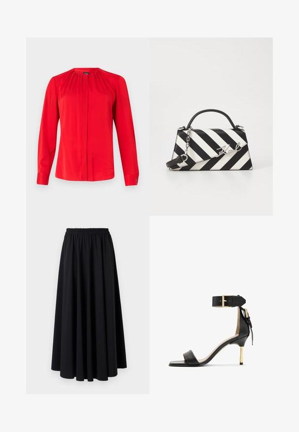 Blusa roja de manga larga hecha de un tejido suave, con un escote fruncido, abertura frontal y puños abotonados. Diseño sencillo y ajustado.; Falda negra, hasta el suelo, hecha de un tejido suave con una amplia cintura elástica fruncida y un diseño liso y fluido. Sin patrones ni acentos.; Sándal de tacón de cuero negro con punta cuadrada, correa en el tobillo con hebilla dorada y un tacón metálico esbelto. Textura suave, diseño minimalista.; Bolso de mano a rayas en blanco y negro con una forma estructurada, que cuenta con un asa superior, una correa de cadena desmontable y un acento de logo metálico.