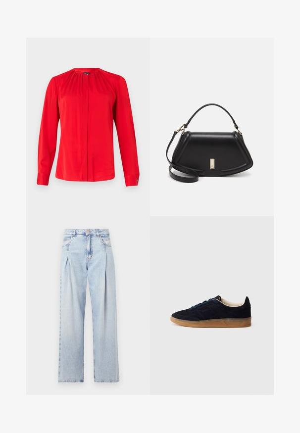 Röd långärmad blus i mjukt tyg, med en rynkad halsringning, framknäppning och knäppt ärm. En enkel och skräddarsydd design.; Ljust blå denimjeans med hög midja, vida ben, två sidofickor och veckad design. Mjuk textur med en blekt finish.; Mörkblå mockasneaker med sula av gummiliknande material, blåa snören och minimalistisk design. Har präglad logga på sidan och slät innerfoder.; Svart läderhandväska med en strukturerad design, som har en avskuren form, ett handtag upptill och guldiga detaljer. Justerbar axelrem ingår.