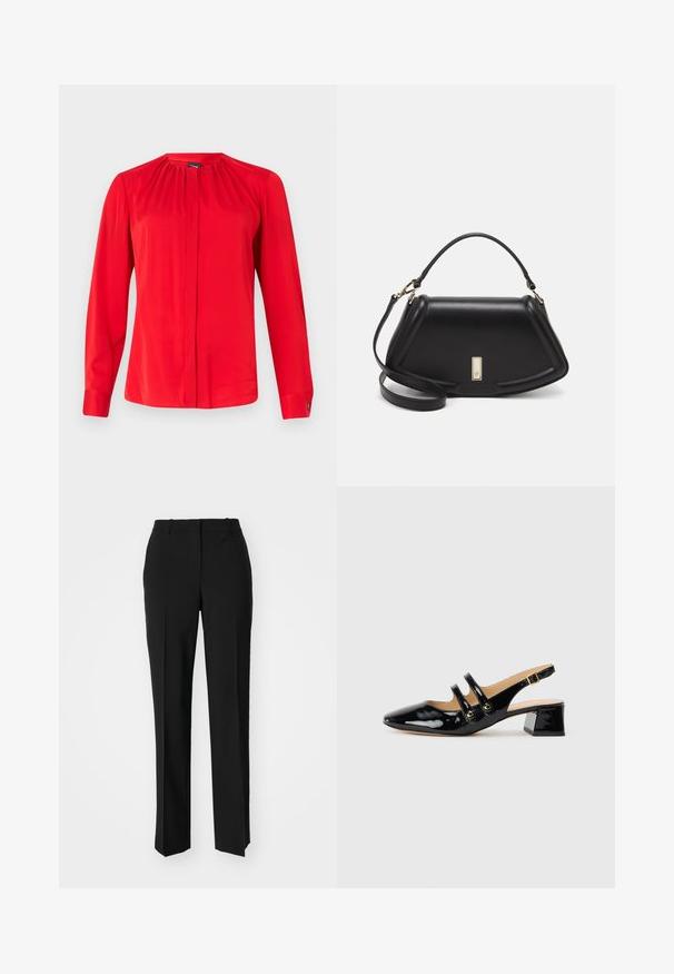 Rote Bluse mit langen Ärmeln aus glattem Stoff, mit gerafftem Ausschnitt, vorderer Knopfleiste und geknöpften Manschetten. Einfaches und schickes Design.; Schwarze, taillierte Hose mit geradem Bein, aus einem glatten Stoff und mit klaren Falten an der Vorderseite. Keine sichtbare Hardware.; Schwarzer lacklederner Slingback-Schuh mit spitzem Zehenbereich, zwei Riemendetails, goldenen runden Akzenten und niedrigem Blockabsatz.; Schwarze Lederhandtasche mit einem strukturierten Design, das eine verkürzte Form, einen oberen Griff und goldfarbene Hardware-Details aufweist. Verstellbarer Schulterriemen ist enthalten.