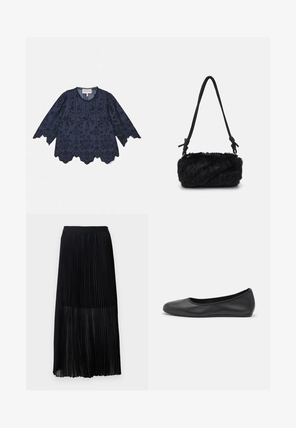 Tengerés kék pamut blúz, hosszú ujjakkal, bonyolult virágmintás hímzéssel, hullámos szegéllyel és gombos díszítéssel a nyakvonalnál.; Fekete, plisírozott midi szoknya sima, elasztikus derékkal és áttetsző felső réteggel, finom függőleges pliszékkel az anyag teljes felületén.; Fekete bőr balettcipő lekerekített orral, sima tekstúrával, minimális varrással és rugalmas talp kialakítással.; Fekete műszőrme kézitáska texturált, bolyhos testtel. Sima fekete pánttal rendelkezik, amely csomózott díszítéssel van ellátva. Kompakt, hengeres formájú.