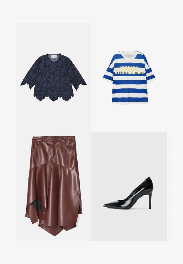 Blusa in cotone blu navy con maniche lunghe, intricati ricami floreali, orlo a forma di scallop e dettagli di bottoni lungo il colletto.; Maglietta in cotone con righe orizzontali blu e bianche. Presenta un testo in giallo bold "PROBABILMENTE STAI PENSANDO TROPPO" e una grafica di una faccina sorridente. Maniche corte.; Gonna in ecopelle marrone con orlo asimmetrico e svasato, dotata di due tasche frontali e una texture liscia e lucida.; Décolleté nera in pelle verniciata con punta affilata e sottile tacco a stiletto su sfondo bianco semplice.