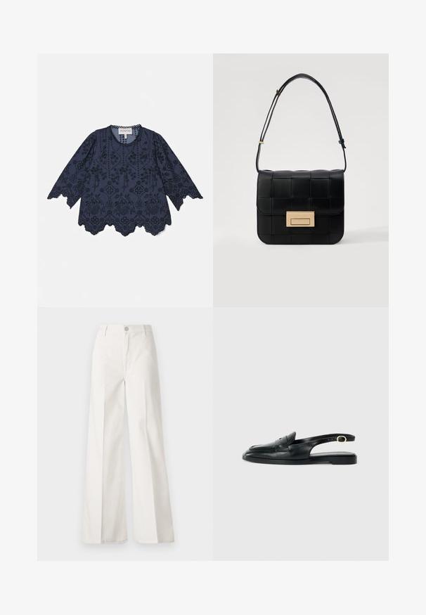 Tmavě modrá bavlněná blůza s dlouhými rukávy, složitou květinovou výšivkou, vlnitým lemem a knoflíkovými detaily na výstřihu.; Bílé volné kalhoty vyrobené z bavlny s hladkou texturou. Obsahují přední knoflík, zip a design se čtyřmi kapsami.; Černá kožená slingback obuv s kulatou špičkou, plochou podrážkou, bočním výřezem a páskem s kovovým detailem ve zlaté barvě.; Loeffler Randall DESI CROSSBODY WITH LOCK HARDWARE - Taška s příčným popruhem - black