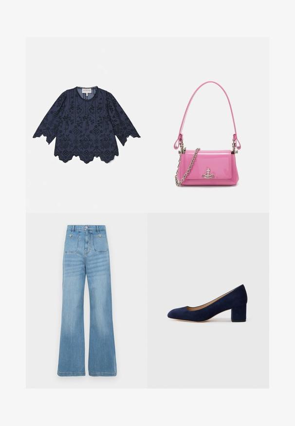 Tummansininen puuvillapaita, jossa on pitkät hihat, monimutkaista kukkaompelua, aallotettu helma ja napit yksityiskohtana kaula-aukossa.; Vaaleansiniset farkut, joissa on leveä lahje, kahdella etutaskulla ja kahdella takataskulla, viimeistelty räjähtävällä helman ja napp closure.; Navy sininen mokkanahkakengät, joissa on terävä kärki ja keskikorkea lohkare korko. Sileä pinta, jossa on hieno kiilto ja pieni leikkaus etuosassa.; Vaalea vaaleanpunainen lakattu nahkakäsilaukku, jossa on suorakulmainen muoto, irrotettava ketjun olkaimet ja hopeiset yksityiskohdat edessä.
