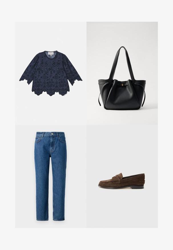 Blusa in cotone blu navy con maniche lunghe, intricati ricami floreali, orlo a forma di scallop e dettagli di bottoni lungo il colletto.; Jeans in denim blu con taglio dritto, dotati di chiusura a bottone, passanti per cintura e tasche frontali. Realizzati in tessuto di cotone texturizzato.; Mocassini in suede marrone con tacco basso, caratterizzati da un design ad orlo cucito e una fodera interna liscia. Gli accenti laterali aggiungono texture.; Borsa a spalla in pelle nera con due manici lunghi, parte superiore arricciata e un accento circolare dorato. Texture liscia con un design minimalista.
