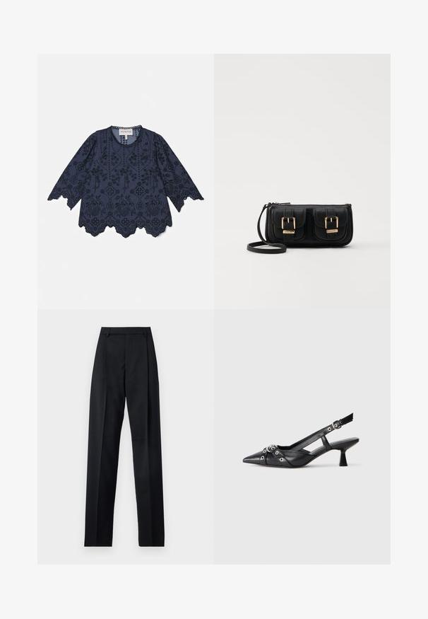 Navy blue cotton blouse featuring long sleeves, intricate floral embroidery, scalloped hem, and button accents along the neckline.; Black trousers made from smooth fabric featuring a high waist, wide legs, front pleats, and classic belt loops. No side pockets visible.; Black leather slingback shoe with a pointed toe, decorative straps featuring metal eyelets, and a low block heel. Textured surface.; Black leather crossbody bag with two front pockets, gold buckles, zipper closure, and a slim strap. Textured surface and compact rectangular shape.