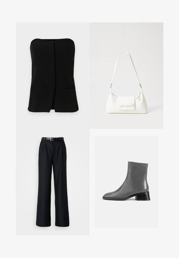 Juodas be rankovių topas su tiesia iškirpte, priekiniais mygtukais ir dviem paslėptomis šoninėmis kišenėmis. Lygaus audinio pritaikytas dizainas.; Juodos plačių kojų kelnės, pagamintos iš sklandžios medžiagos, su priekinių raukšlių detalėmis ir atitinkamu juodu diržu su sidabriniu užsegimu.; Pilkos odinės kulkšnės batus su apvalia nosia ir trumpu, suformuotu juodu kulnu. Lygus paviršius su minimaliu dekoravimu.; Balta sintetinė rankinė trikampio formos, plokščiu priekiu su užsegimu, kaspino detale, reguliuojama dirželiu, lygia tekstūra ir minimalistišku dizainu.