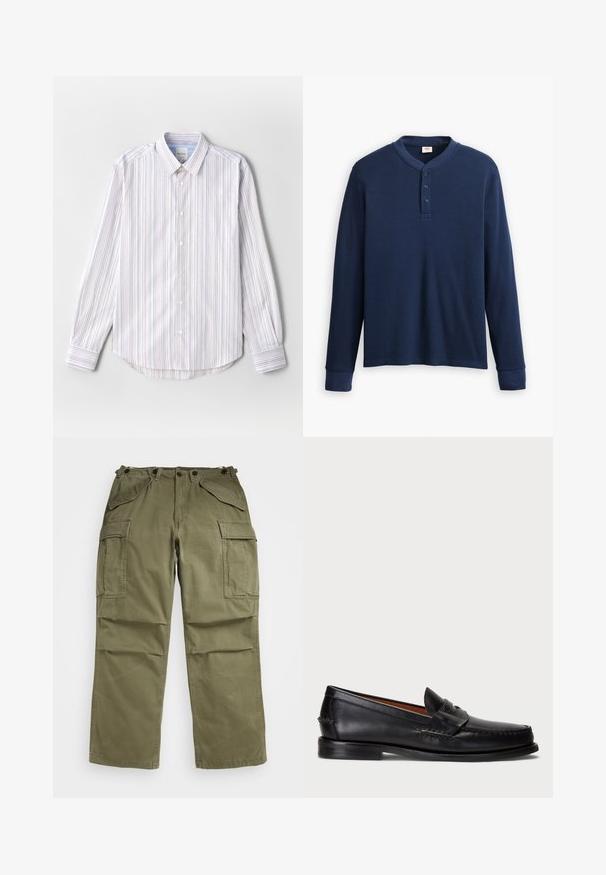 Camisa ligera de botones con rayas verticales en blanco, azul y rojo. Cuenta con un cuello clásico y mangas largas, y un dobladillo redondeado.; Camisa henley de manga larga en color azul marino hecha de tela acanalada. Presenta un escote redondo y una tapeta de tres botones. Los puños son ajustados.; Pantalones cargo verde oliva hechos de una tela texturizada, con múltiples bolsillos frontales y laterales y costuras reforzadas en las uniones.; Mocasin de cuero negro con punta redondeada, detalles de costura y una correa decorativa en la parte frontal. Suela plana con un perfil minimalista.