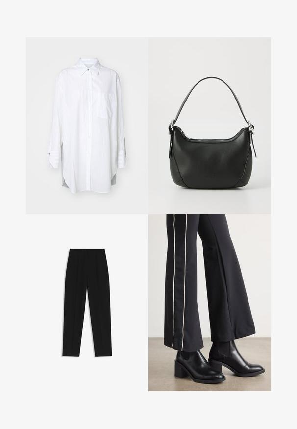 BOSS BAREDA - Button-down blouse - white; Black trousers with a straight fit, featuring double pleats, a smooth texture, and a classic waistband design. No visible hardware or accents.; Black leather ankle boots with a block heel, featuring elastic side panels. Paired with black pants that have a white side stripe.; Black leather handbag with a curved shape, silver zipper, and a short handle. Features a subtle logo on the front and smooth texture.