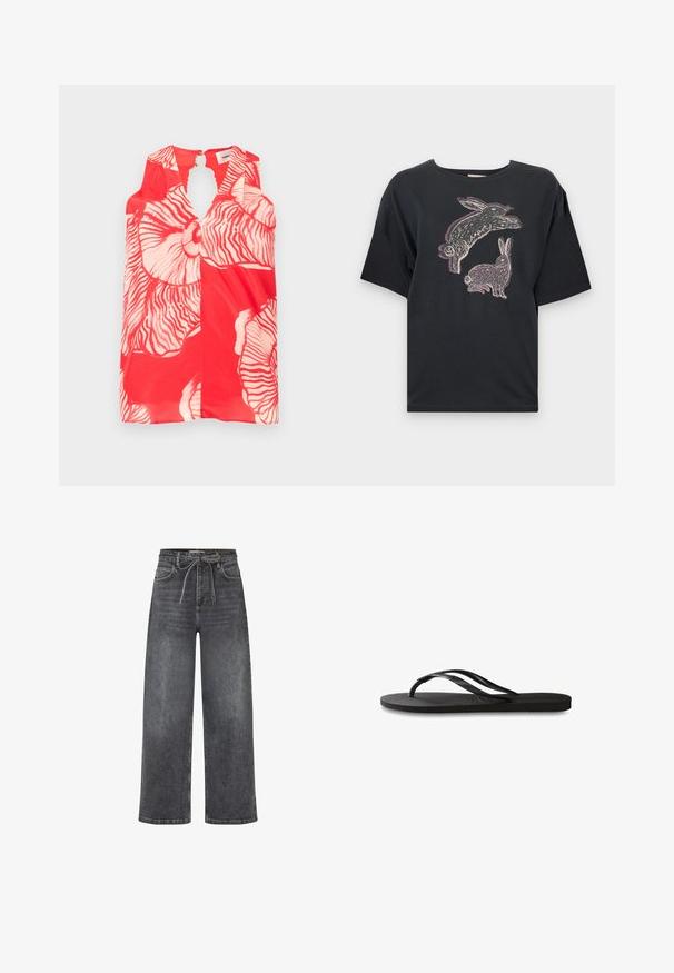 Ärmelloses rotes Oberteil mit großen weißen Blumenmustern und einem Schlüsselloch-Ausschnitt am Hals. Strukturierter, leichter Stoff.; Schwarzes Baumwoll-T-Shirt in lockerer Passform mit einem grafischen Druck von zwei Hasen in Weiß und helllila auf der Vorderseite. Kurze Ärmel und Rundhalsausschnitt.; Hoch-taillierte, weit geschnittene schwarze Denim-Jeans mit Fronttaschen und einem Stoffgürtel, der in einer Schleife um die Taille gebunden ist.; Schwarze Flip-Flops mit einer strukturierten Gummisohle, zwei schlanken Riemen und einem dezenten, geprägten Logo-Detail auf dem Riemen.