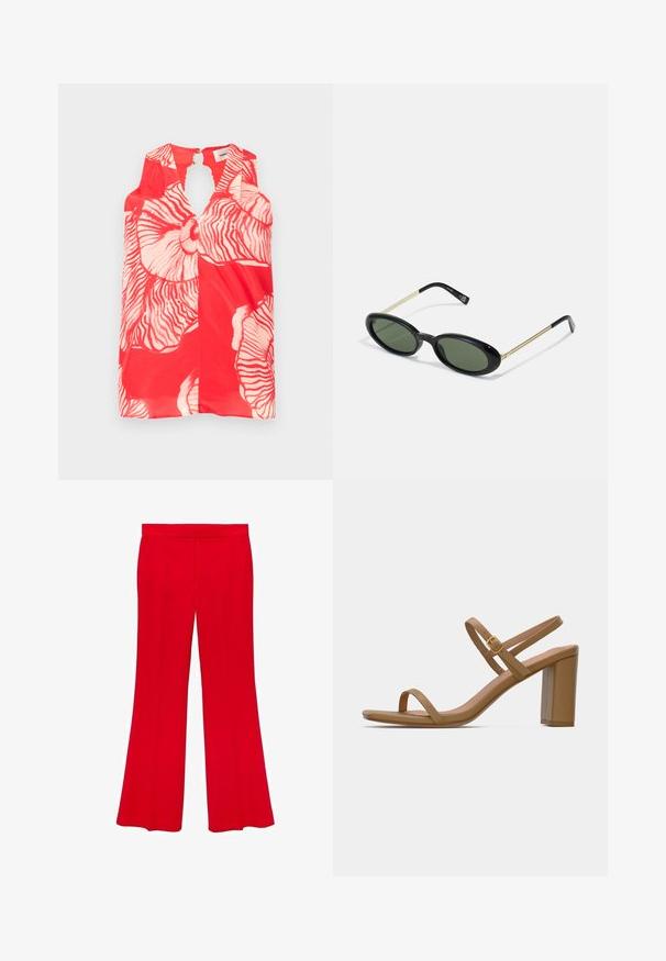 Bezramionowa czerwona bluzka z dużymi białymi wzorami kwiatowymi oraz wycięciem w kształcie łezki przy dekolcie. Teksturowany, lekki materiał.; Top bez ramiączek z denimu o dopasowanym kroju, z białą elastyczną taśmą z logo "tommy girl" i czerwonymi akcentami w kształcie gwiazdek u góry.; Czerwone spódnie w kształcie dzwonów, wykonane z gładkiego materiału, z wysokim stanem i dwoma przednimi kieszeniami. Projekt charakteryzuje się czystymi liniami i dopasowanym krojem.; Jasnobrązowe sandały na obcasie z dwiema smukłymi paskami i kwadratowym obcasem. Gładki materiał o minimalistycznym wzornictwie z małym złotym zapięciem.; Owalne okulary przeciwsłoneczne z zielonymi soczewkami, czarnym plastikowym frontem i cienkimi, złotymi metalowymi zausznikami. Charakteryzują się minimalistycznym designem i gładką teksturą.; Biała skórzana torebka z zapięciem w złotym odcieniu, czarnymi akcentami, odczepianym paskiem na ramię oraz usztywnioną konstrukcją z klapką.