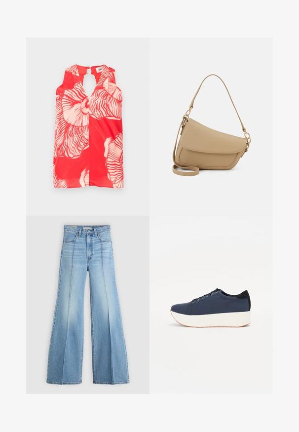Haut sans manches rouge avec de grands motifs floraux blancs et une découpe en forme de clé au niveau du col. Tissu texturé et léger.; Jean taille haute bleu clair avec jambes larges, poches avant et arrière, passants de ceinture et détails de coutures verticales à l'avant.; Baskets bleu marine avec un upper en tissu texturé, semelle plateforme blanche, bout arrondi et accent noir au talon. Dispose de six œillets pour les lacets.; Even&Odd Sac à main - beige