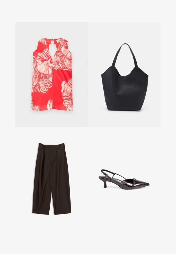 Rdeča brezrokavnik s velikimi belimi cvetličnimi vzorci in izrezom v obliki ključa pri ovratniku. Strukturirana, lahka tkanina.; Temno rjave široke hlače z visokim pasom, ki imajo en gumb za zapiranje in zamaščen sprednji del. Narejene so iz lahkega blaga.; Rjavi patent usnjeni slingback čevelj s koničastim nosom, majhnim blokom peto, obliko čezščevljenka in okrasno pentljo na sprednjem delu.; Črna torba v obliki tote iz gladke usnjene površine, ki ima ukrivljen odprt vrh z dvema naramnicama in minimalističnim dizajnom.