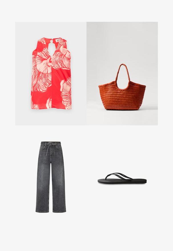 Ärmelloses rotes Oberteil mit großen weißen Blumenmustern und einem Schlüsselloch-Ausschnitt am Hals. Strukturierter, leichter Stoff.; Hoch-taillierte, weit geschnittene schwarze Denim-Jeans mit Fronttaschen und einem Stoffgürtel, der in einer Schleife um die Taille gebunden ist.; Schwarze Flip-Flops mit einer strukturierten Gummisohle, zwei schlanken Riemen und einem dezenten, geprägten Logo-Detail auf dem Riemen.; DRAGON DIFFUSION NANTUCKET BASKET BIG - Handtasche - naranja