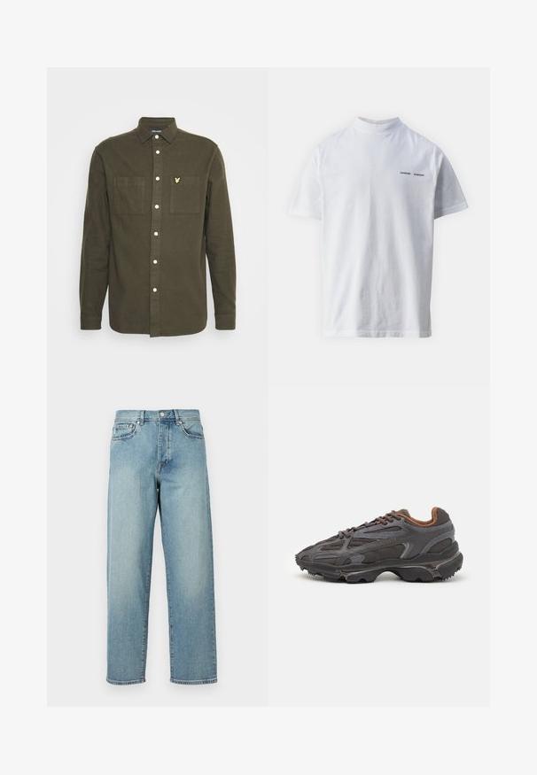 Lyle & Scott Camisa - olive; T-shirt de algodão branca com um decote alto e mangas curtas. Apresenta o logótipo "SAMSØE SAMSØE" em preto na parte da frente. Textura suave.; Jeans de denim azul claro com um corte solto, pernas retas, design de cinco bolsos e fecho de botão na cintura. Detalhe de costura minimalista.; Ténis Lacoste em cinza-escuro com material em malha e sintético, apresentando uma sola texturizada e detalhes castanhos na gola e na marca.