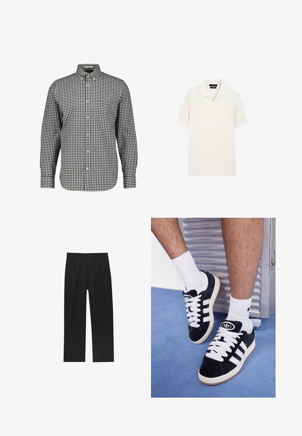 Camicia a quadri bianca e nera con colletto, maniche lunghe e taschino sul petto. Realizzata in tessuto intrecciato, presenta un orlo curvo.; Polo a maniche corte in crema con texture a costine e colletto piatto. Presenta un orlo dritto e un materiale morbido per il comfort.; Pantaloni neri con un design a gamba dritta, realizzati in un tessuto liscio. Presentano pieghe frontali e una chiusura a un bottone in vita.; Sneakers in suede nero con lacci bianchi e tre strisce bianche. Presentano un logo circolare nero sulla linguetta e una suola in gomma color gomma.