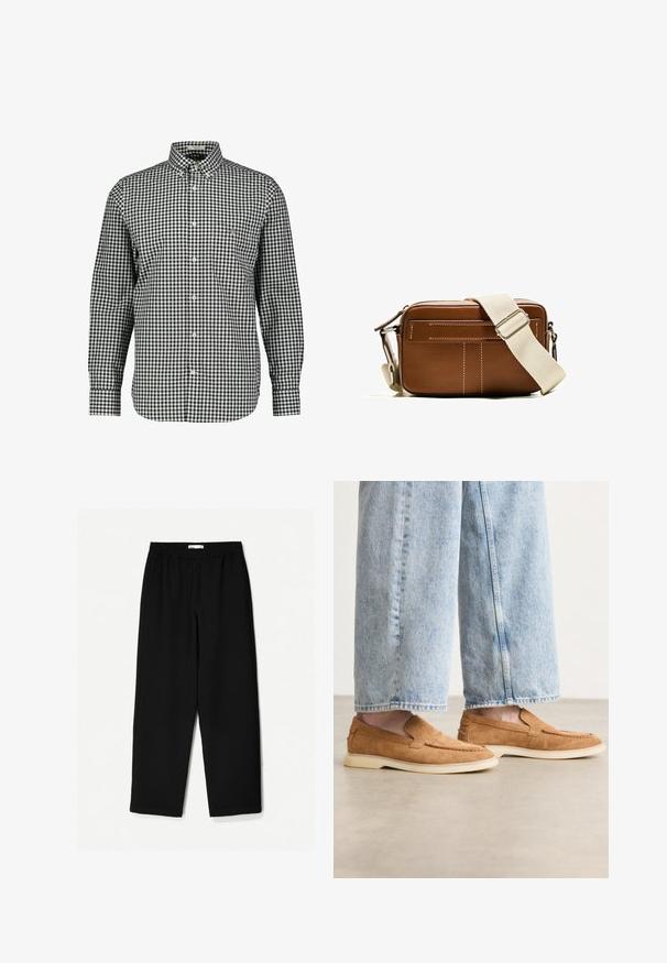 Zwart-witte geruite overhemden met kraag, lange mouwen en een borstzak. Gemaakt van geweven stof, met een afgeronde zoom.; Zwarte, wijde broek van een lichtgewicht stof. Voorzien van een elastische tailleband en een soepele textuur. Geen zichtbare patronen of hardware.; Bruine suède instappers met een laag profiel, een crèmekleurige zool en stiksels, gecombineerd met lichtblauwe denim broek.; Bruine leren schoudertas met witte stiksels, rechthoekige vorm, ritsafsluiting en een verstelbare beige schouderband. Heeft twee voorvakken.