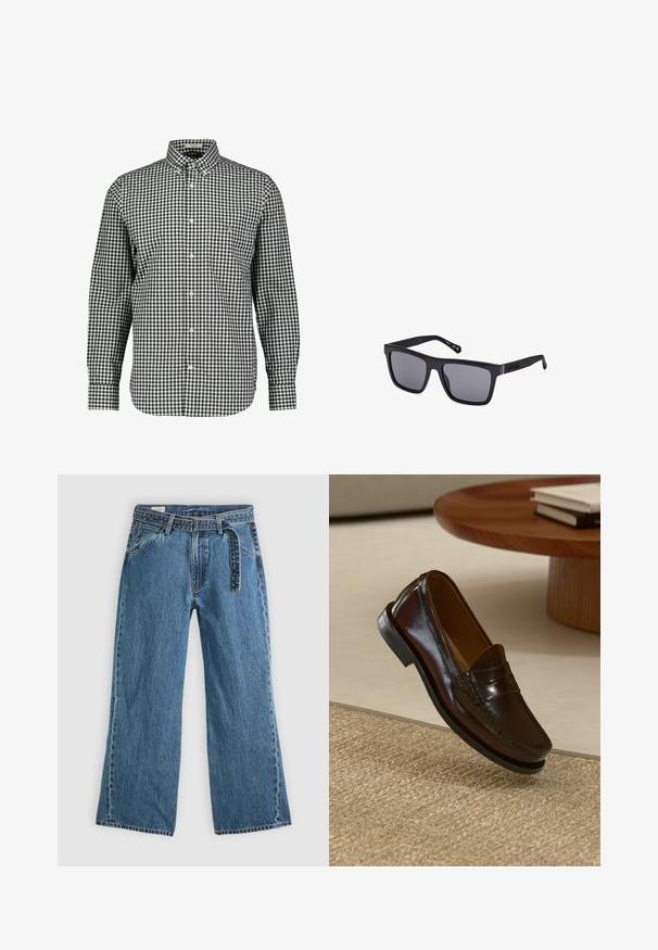 Camicia a quadri bianca e nera con colletto, maniche lunghe e taschino sul petto. Realizzata in tessuto intrecciato, presenta un orlo curvo.; Jeans in denim blu con gamba larga, cintura attaccata, tasche laterali e cuciture visibili su uno sfondo chiaro e uniforme.; Mocassini in pelle marrone con finitura lucida, caratterizzati da un dettaglio cucito sulla parte anteriore e una suola in gomma nera a profilo basso.; Occhiali da sole rettangolari neri con lenti scure, finitura opaca e dettaglio del logo sulla tempia. Il design presenta bordi dritti e montature spesse.