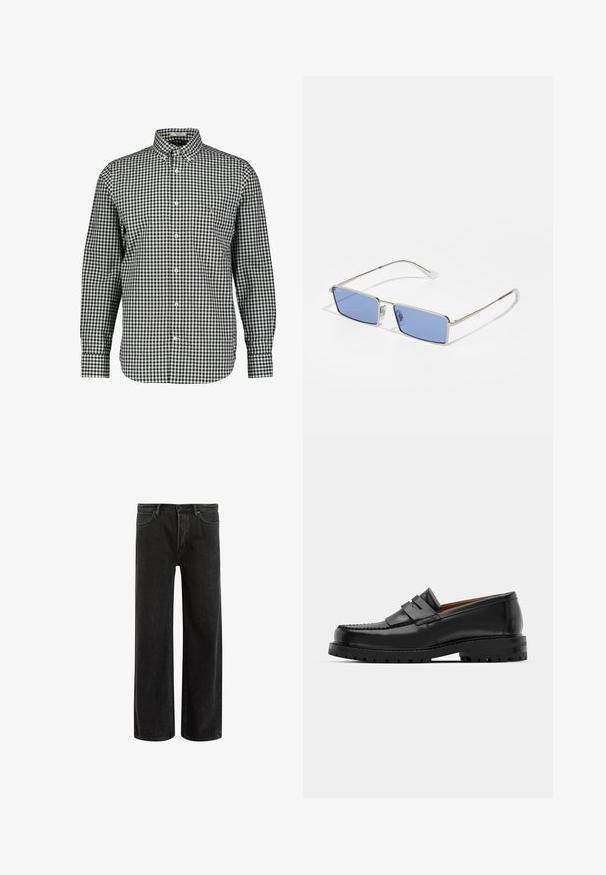 Mustakuvioinen ruudullinen nappikauluspaidan, jossa on pitkät hihat ja rintatasku. Valmistettu kudotusta kankaasta, ominaisuutena kaareva helma.; Mustat farkut leveällä lahkeella ja korkealla vyötäröllä, joissa on klassinen viisi taskua -design ja hienovarainen haalistuminen tekstuurin luomiseksi.; Mustat nahka loafit sisältävät kohoavan sauman, kaksi koristeellista nauhaa yläosassa ja paksun teksturoidun pohjan parempaa pitoa varten.; Metalliset aurinkolasit suorakulmaisen muotoisina, sinisävyiset linssit ja hopeakehys. Varustettu nenätyynyillä ja ohuilla, suorilla temppeleillä.