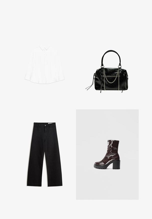 Hvid langærmet skjorte med spids krave, knaplukning foran og en oversized, afslappet pasform. Tekstureret stof med minimal design.; Sorte wide-leg denim bukser med høj talje, der har front- og baglommer, syede sømme og en knaplukning. Glat tekstur.; Glatte burgunder ankelstøvler med en chunky sort hæl, der har en glat tekstur og et simpelt design. Ingen synlige lukninger eller mønstre.; Bershka WITH CHAIN - Håndtasker - black