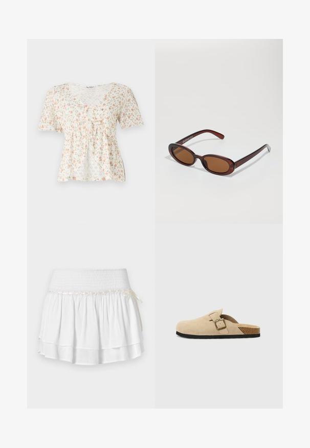 Bluza florală dintr-un material ușor, cu un fundal alb, având flori roz și verzi, cu mâneci scurte și decolteu în V cu detaliu legat.; Fustă albă în straturi cu talie elastică, având un detaliu texturat de smocking și un accent decorativ cu panglică. Material din bumbac.; Saboti din suede bej, cu talpă din plută, vârf rotunjit și o curea simplă cu cataramă aurie. Talpă din cauciuc pentru aderență.; Ochelari de soare rotunzi, cu nuanțe de brown și cu un cadru lucios de burgund. Brațe subțiri cu detalii subtile de branding. Design cu lentile plate.; Geantă din paie împletită cu accente din piele maro, două mânere și curea detașabilă. Formă curbată cu o bază robustă.