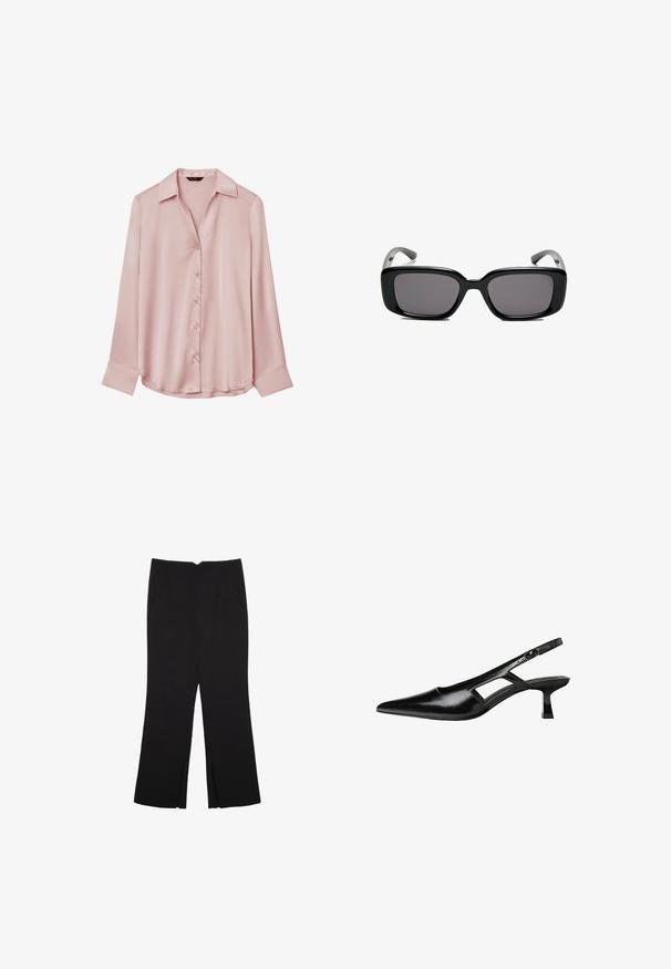 Blusa in satin rosa chiaro con colletto, maniche lunghe e chiusura con bottoni sul davanti. Texture liscia con un design fluido.; Pantaloni neri a gamba dritta, con tasche frontali e spacchi laterali all'orlo. Realizzati in tessuto morbido e liscio. Adatti a diverse occasioni.; Tacchi slingback in pelle verniciata nera con punta affusolata, design con tagli laterali e tacco quadrato piccolo. Texture liscia con dettagli minimi.; Occhiali da sole neri rettangolari con lenti scure, montatura in plastica liscia e tempie curve. Il design è voluminoso con un'estetica minimalista.