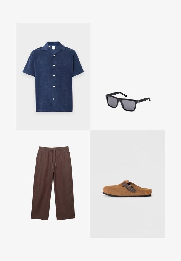 Camicia a maniche corte in terry blu navy, con colletto a punta e cinque bottoni bianchi rotondi sul davanti. Tessuto liscio.; Polo nero a maniche corte, caratterizzato da un motivo a maglia testurizzata, patta con tre bottoni e un design del colletto classico.; Pantaloni larghi in lino marrone con cintura regolabile, dotati di due tasche laterali e un tessuto leggero e testurizzato.; Clogs in suede marrone con una fascia in pelle marrone regolabile e fibbia in argento, dotati di una soletta in sughero modellata e suola in gomma testurizzata.; Occhiali da sole rettangolari neri con lenti scure, finitura opaca e dettaglio del logo sulla tempia. Il design presenta bordi dritti e montature spesse.